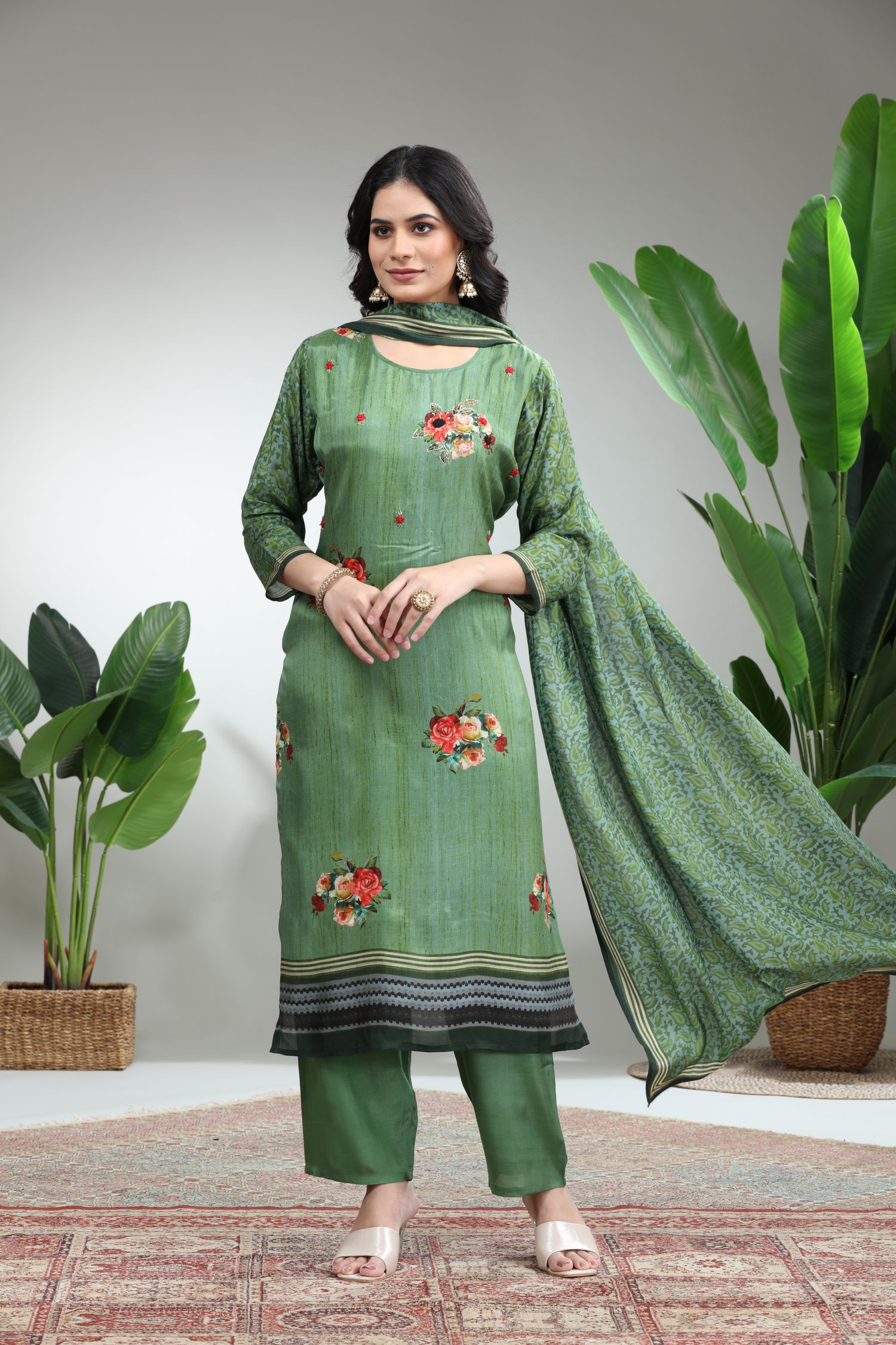 Green 3 Piece Suit Set With Dupatta